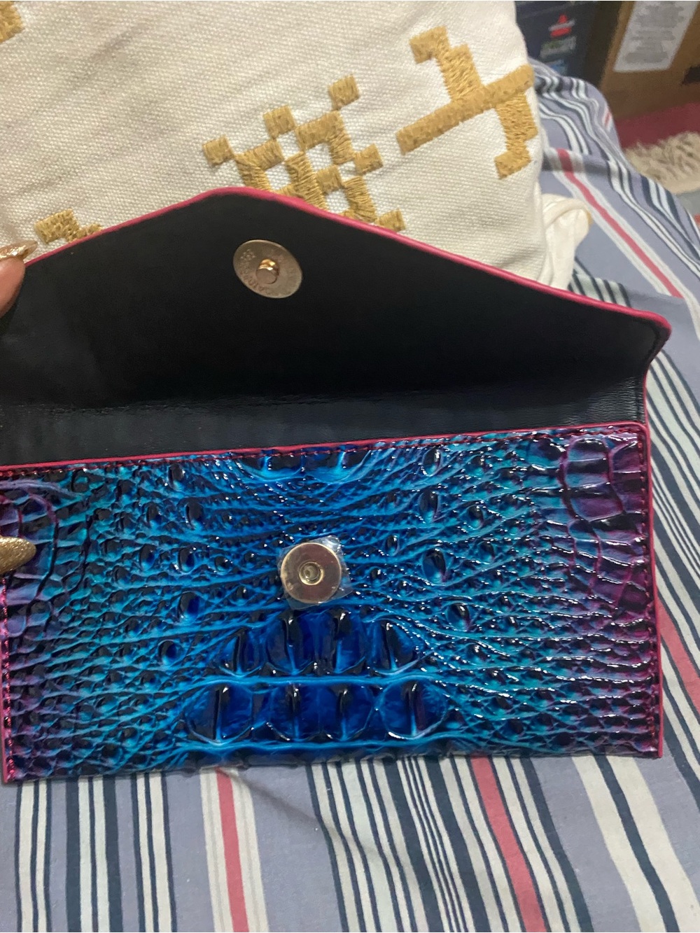 Iridescent Blue-Purple Croc-Embossed Wristlet Clutch